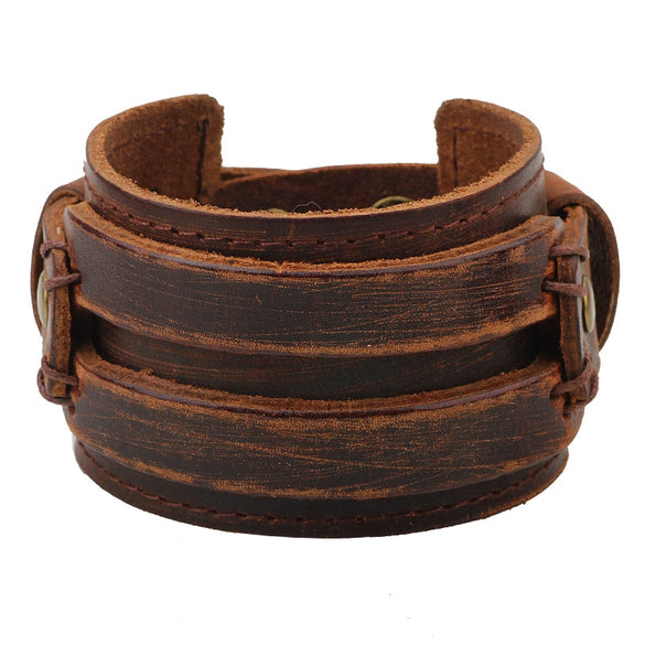 Men's Retro Leather Wide Bracelet With Geometric Pattern And Rub Ancient Polishing