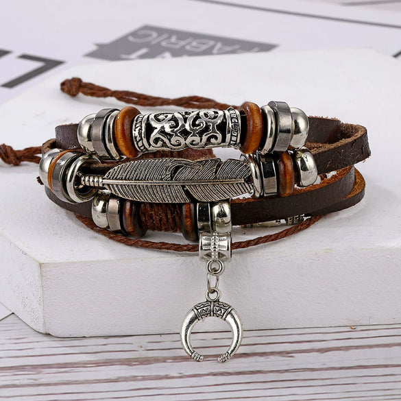 Men's Retro Natural Geometric Braided Artificial Leather Feather Hook Beaded Bracelet