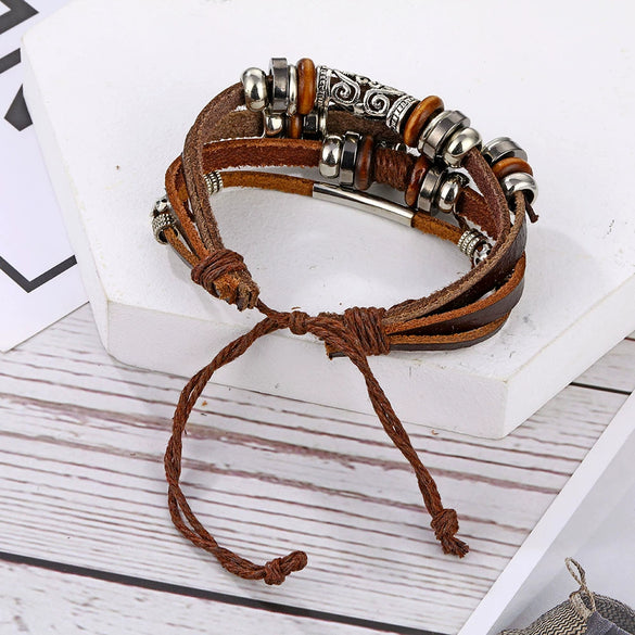 Men's Retro Natural Geometric Braided Artificial Leather Feather Hook Beaded Bracelet