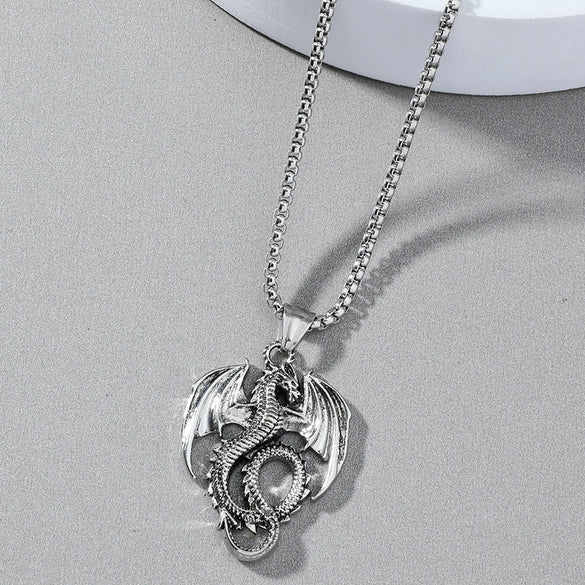 Men's Retro Punk Necklace With Flying Dragon Pendant Alloy Titanium Steel Square Pearl Chain Electroplating