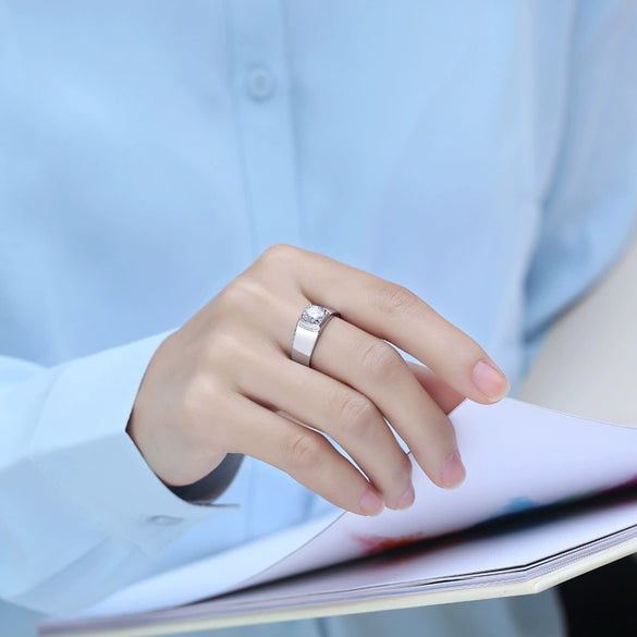 Men's Silver Moissanite Inlaid Geometric Ring