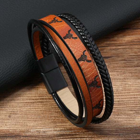 Men's Simple Handwoven Leather Bracelet With Animal And Zodiac Print