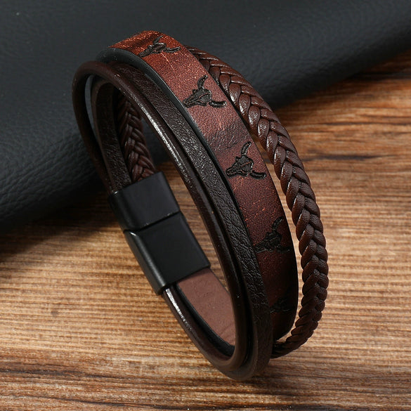 Men's Simple Handwoven Leather Bracelet With Animal And Zodiac Print