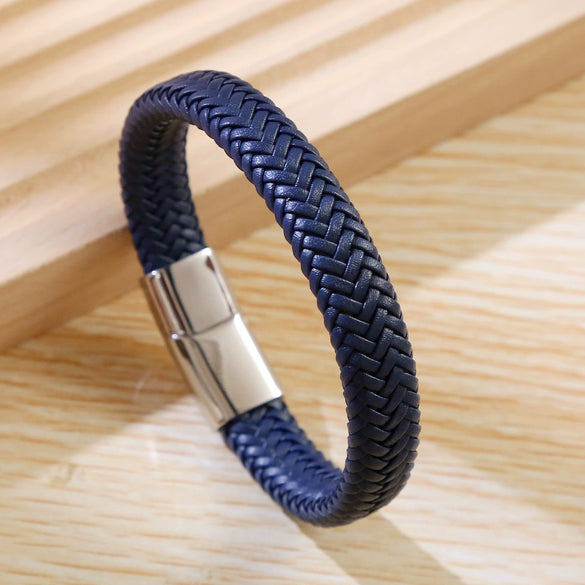 Men's Simple Versatile Leather Handmade Geometric Bracelet With Stainless Steel Magnetic Buckle