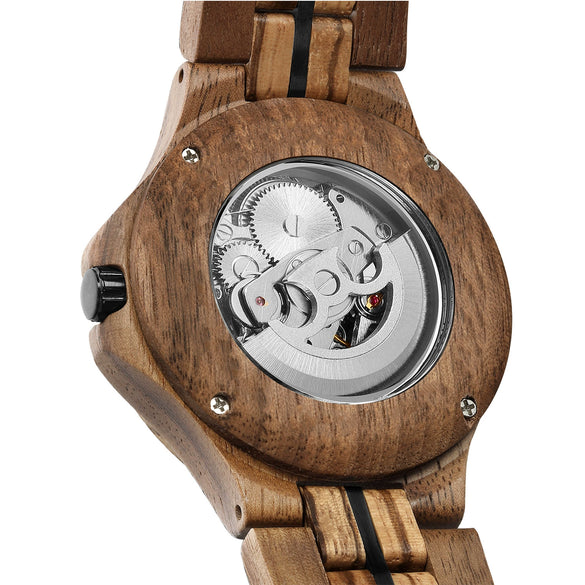 Men's Solid Wood Automatic Mechanical Leisure Round Watch With Hollowout Bottom