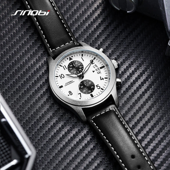 Men's Sport Genuine Leather Alloy Case Mineral Reinforced Glass Mirror Round Dial Waterproof Multifunctional Quartz Watch