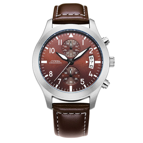 Men's Sport Genuine Leather Alloy Case Mineral Reinforced Glass Mirror Round Dial Waterproof Multifunctional Quartz Watch