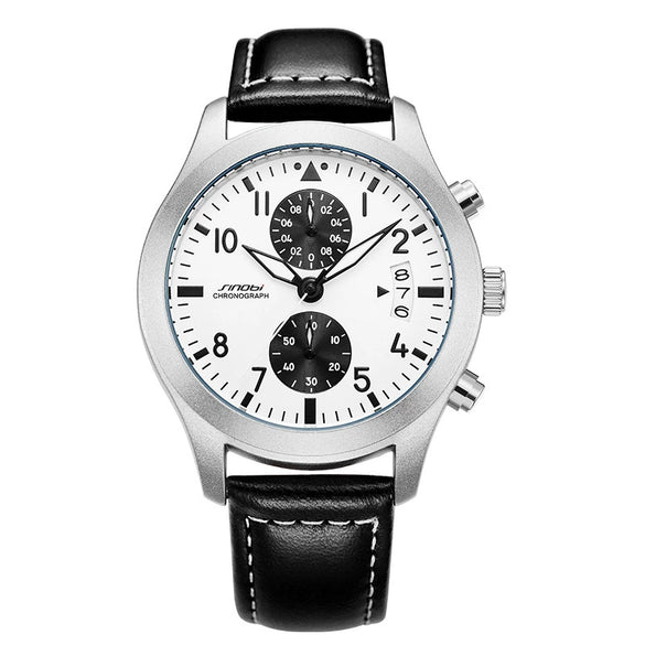 Men's Sport Genuine Leather Alloy Case Mineral Reinforced Glass Mirror Round Dial Waterproof Multifunctional Quartz Watch