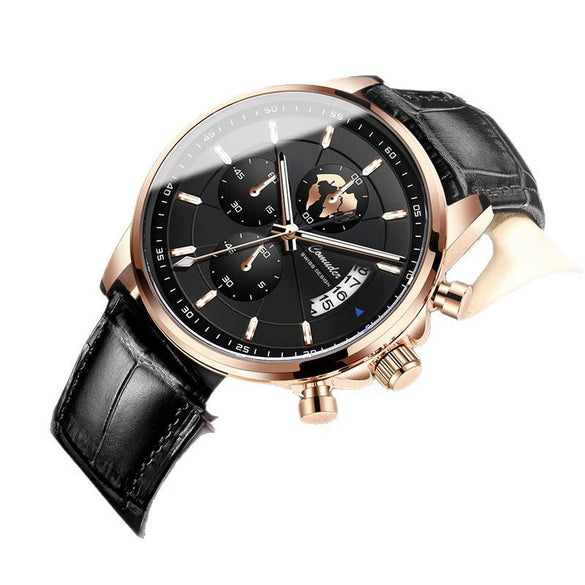 Men's Sports Automatic Waterproof Luminous Calendar Watch Metal Case Genuine Leather Strap Mineral Reinforced Glass Mirror