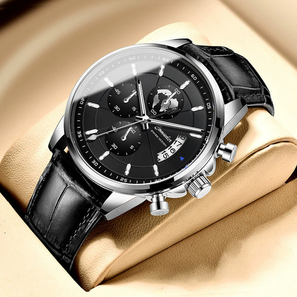 Men's Sports Automatic Waterproof Luminous Calendar Watch Metal Case Genuine Leather Strap Mineral Reinforced Glass Mirror