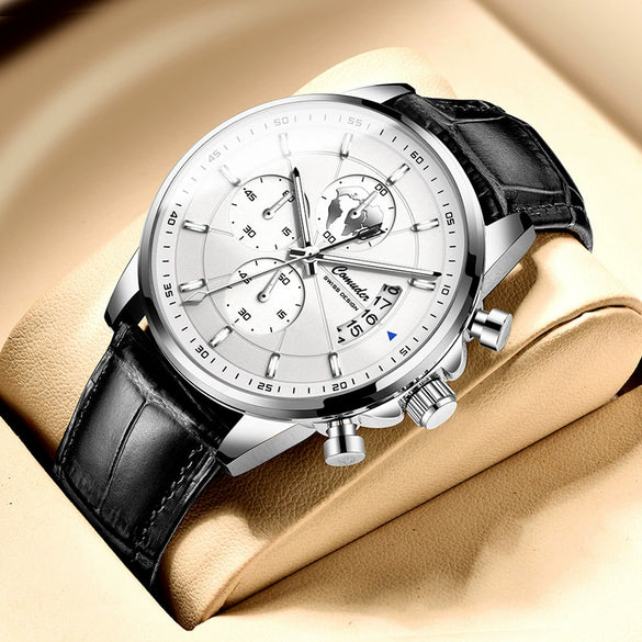 Men's Sports Automatic Waterproof Luminous Calendar Watch Metal Case Genuine Leather Strap Mineral Reinforced Glass Mirror