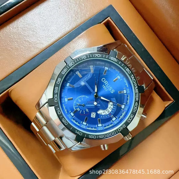 Men's Sports Business Alloy Case Mineral Reinforced Glass Mirror Steel Belt Luminous Waterproof Calendar Watch