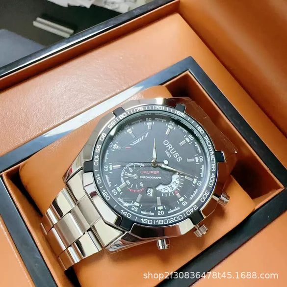 Men's Sports Business Alloy Case Mineral Reinforced Glass Mirror Steel Belt Luminous Waterproof Calendar Watch