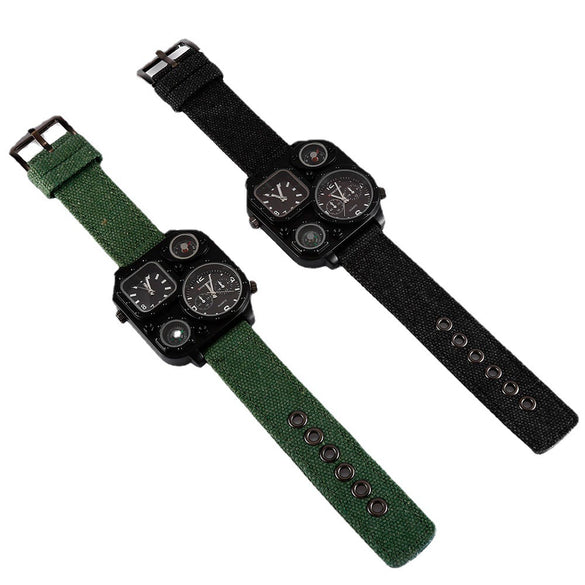 Men's Sports Denim Quartz Watch With Multitime Zone Square Dial Stainless Steel Case And Clasp Textile Strap