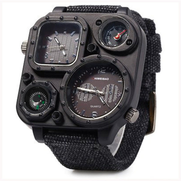 Men's Sports Denim Quartz Watch With Multitime Zone Square Dial Stainless Steel Case And Clasp Textile Strap