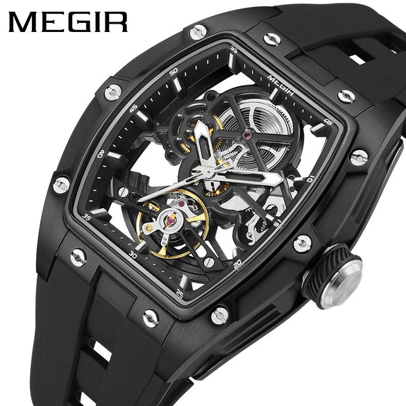 Men's Sports Mechanical Waterproof Watch Alloy Case Silicone Strap Barrel Shape