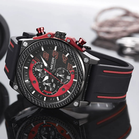 Men's Sports Multifunction Chronograph Quartz Watch Alloy Case Stainless Steel Clasp Silicone Strap Round Dial