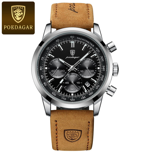 Men's Sports Multifunctional Quartz Watch With Genuine Leather Strap Alloy Case And Round Dial
