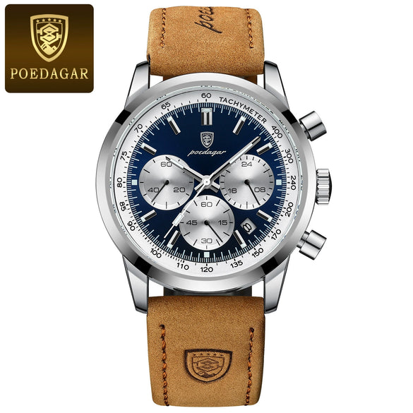 Men's Sports Multifunctional Quartz Watch With Genuine Leather Strap Alloy Case And Round Dial