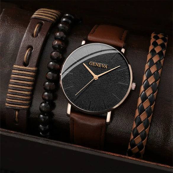 Men's Sports Style Watch Set Alloy Case Imitation Leather Strap Stainless Steel Clasp Round Dial