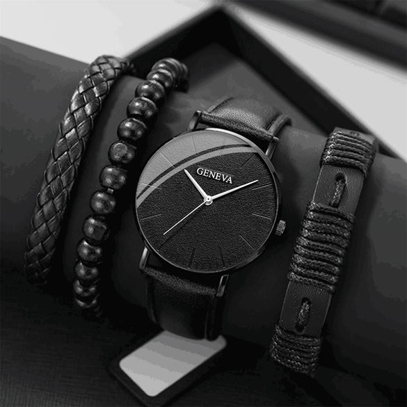 Men's Sports Style Watch Set Alloy Case Imitation Leather Strap Stainless Steel Clasp Round Dial