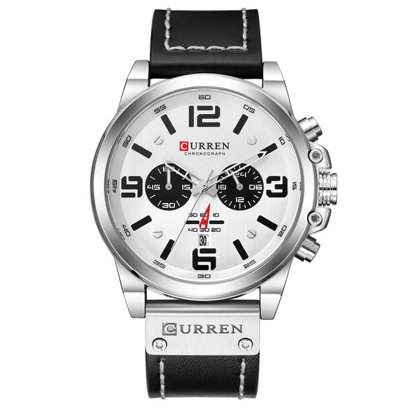 Men's Sports Watch Alloy Case Genuine Leather Strap Round Dial Titanium Metal Clasp