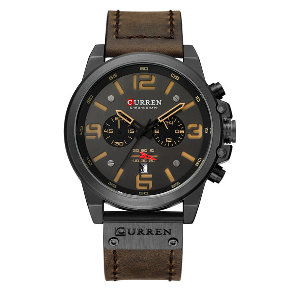 Men's Sports Watch Alloy Case Genuine Leather Strap Round Dial Titanium Metal Clasp