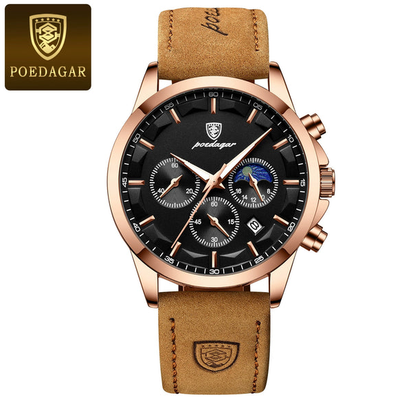 Men's Sports Watch Alloy Case Genuine Leather Strap Round Dial Waterproof Quartz