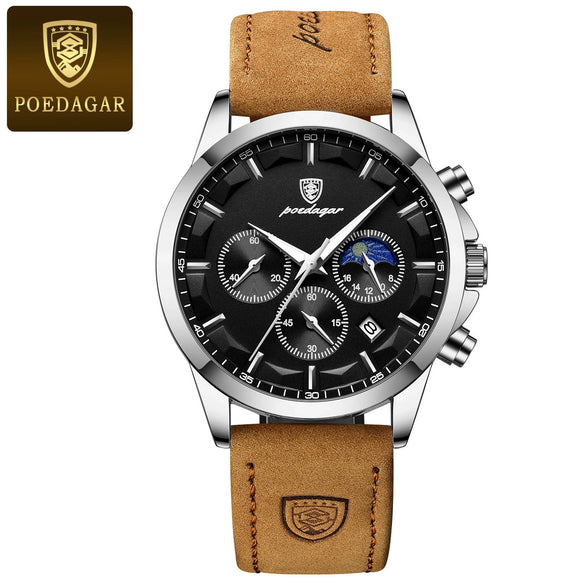 Men's Sports Watch Alloy Case Genuine Leather Strap Round Dial Waterproof Quartz