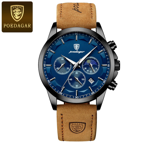 Men's Sports Watch Alloy Case Genuine Leather Strap Round Dial Waterproof Quartz