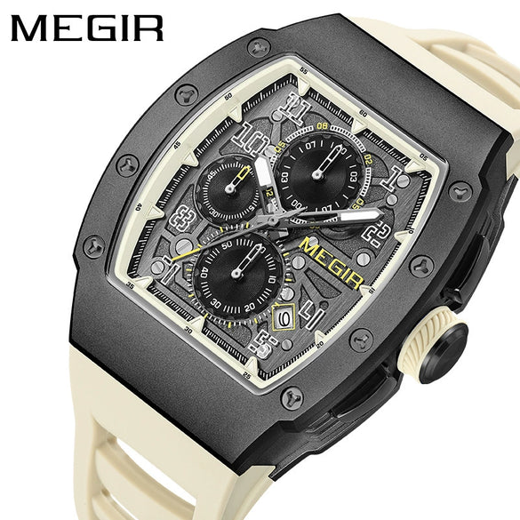 Men's Sports Watch Barrelshaped 316 Stainless Steel Case Silicone Strap Mineral Reinforced Glass Mirror