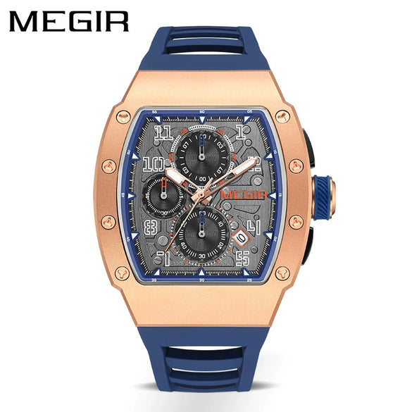 Men's Sports Watch Barrelshaped 316 Stainless Steel Case Silicone Strap Mineral Reinforced Glass Mirror