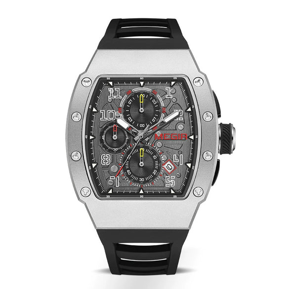 Men's Sports Watch Barrelshaped 316 Stainless Steel Case Silicone Strap Mineral Reinforced Glass Mirror