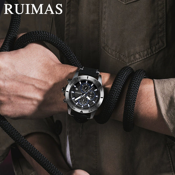 Men's Sports Watch Chronograph Calendar Luminous Waterproof Genuine Leather Strap Alloy Case Round Dial