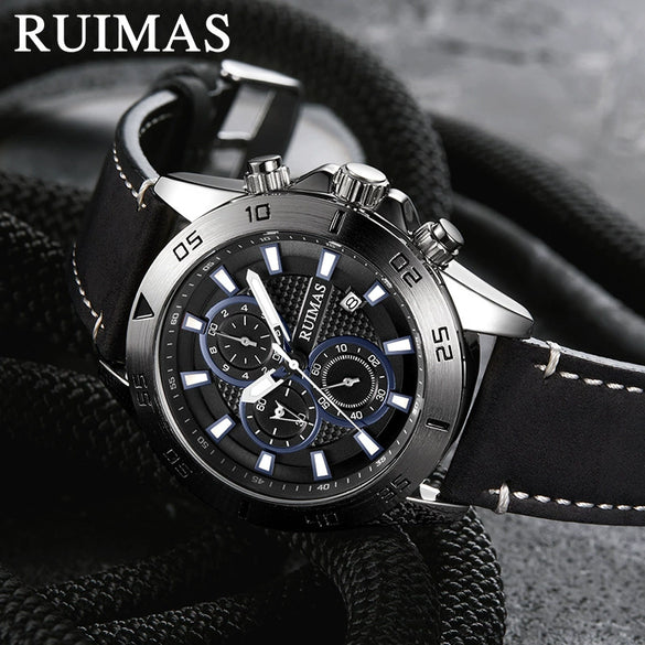 Men's Sports Watch Chronograph Calendar Luminous Waterproof Genuine Leather Strap Alloy Case Round Dial