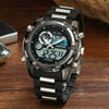 Men's Sports Watch Metal Case Mineral Strengthened Glass Mirror Silicone Metal Strap Round Dial Waterproof Multifunction Dual Display