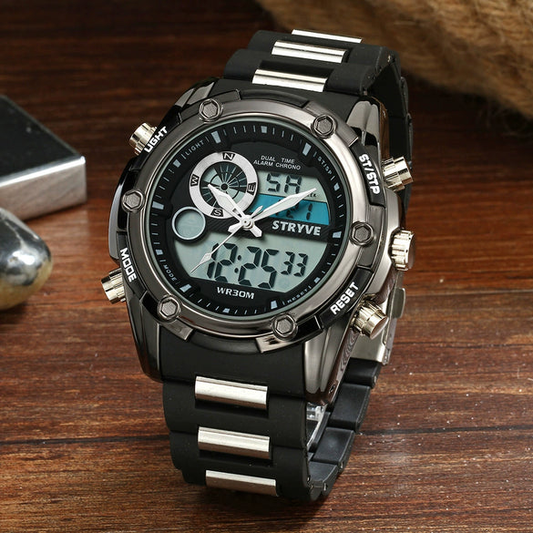 Men's Sports Watch Metal Case Mineral Strengthened Glass Mirror Silicone Metal Strap Round Dial Waterproof Multifunction Dual Display