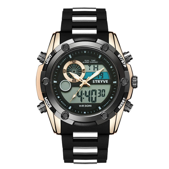 Men's Sports Watch Metal Case Mineral Strengthened Glass Mirror Silicone Metal Strap Round Dial Waterproof Multifunction Dual Display