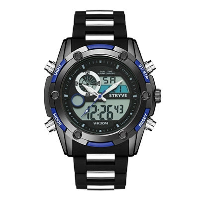 Men's Sports Watch Metal Case Mineral Strengthened Glass Mirror Silicone Metal Strap Round Dial Waterproof Multifunction Dual Display