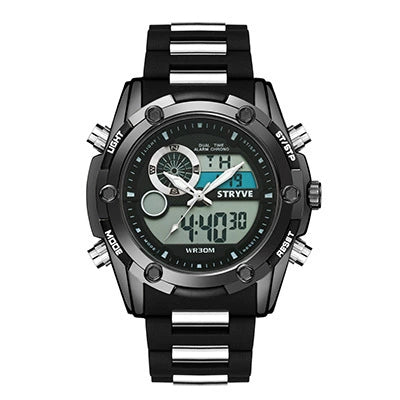 Men's Sports Watch Metal Case Mineral Strengthened Glass Mirror Silicone Metal Strap Round Dial Waterproof Multifunction Dual Display