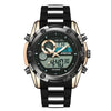 Men's Sports Watch Metal Case Mineral Strengthened Glass Mirror Silicone Metal Strap Round Dial Waterproof Multifunction Dual Display