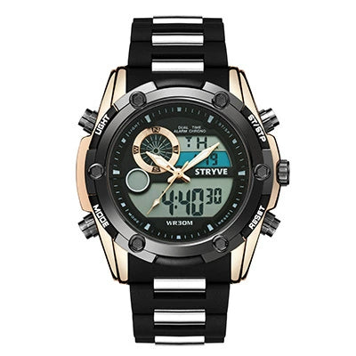 Men's Sports Watch Metal Case Mineral Strengthened Glass Mirror Silicone Metal Strap Round Dial Waterproof Multifunction Dual Display