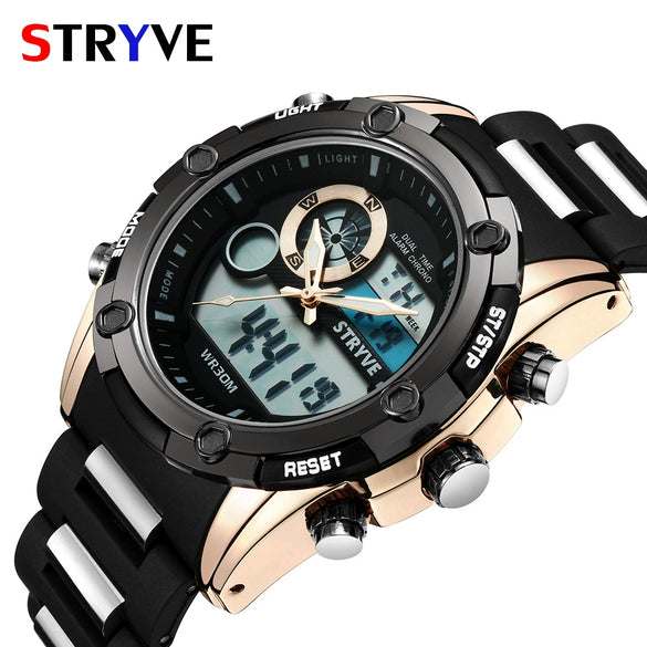 Men's Sports Watch Metal Case Mineral Strengthened Glass Mirror Silicone Metal Strap Round Dial Waterproof Multifunction Dual Display