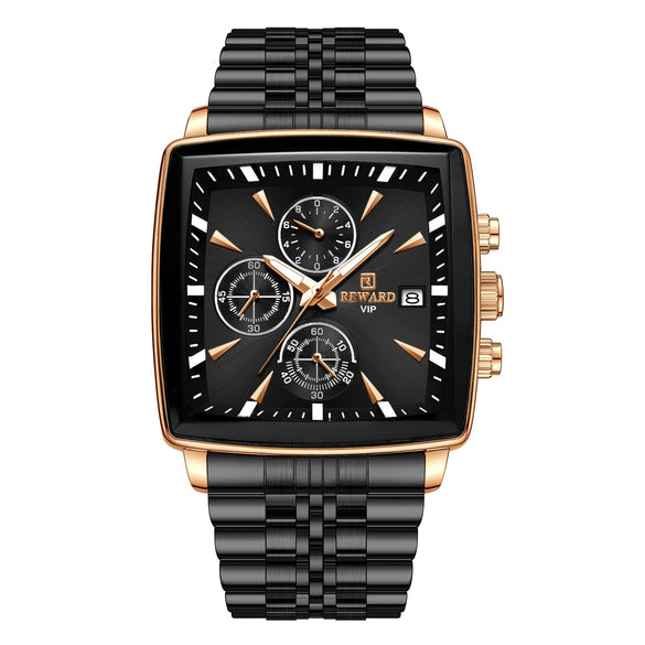 Men's Square Quartz Watch Business Style Alloy Case Stainless Steel Strap Waterproof Luminous Calendar Multi Function Timing
