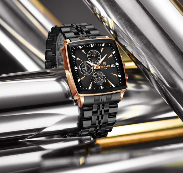Men's Square Quartz Watch Business Style Alloy Case Stainless Steel Strap Waterproof Luminous Calendar Multi Function Timing