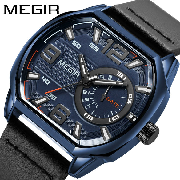 Men's Square Sports Watch Alloy Case Genuine Leather Strap Mineral Strengthened Glass Mirror Waterproof Luminous