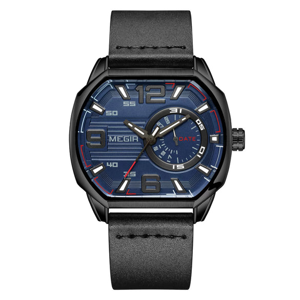 Men's Square Sports Watch Alloy Case Genuine Leather Strap Mineral Strengthened Glass Mirror Waterproof Luminous