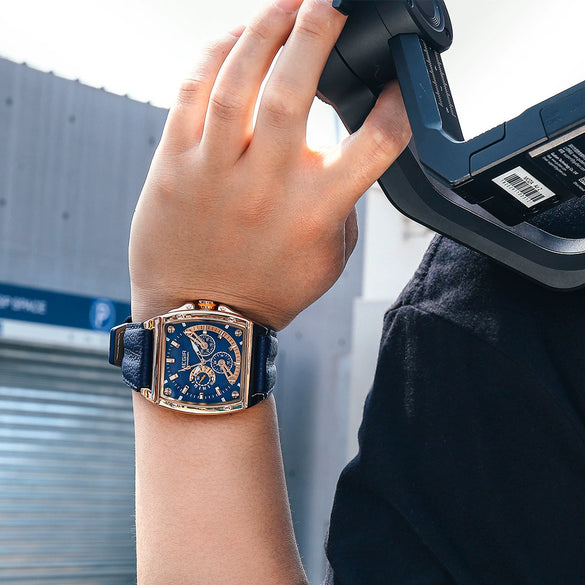 Men's Square Waterproof Luminous Leather Sport Quartz Watch Made Of Alloy And Genuine Leather