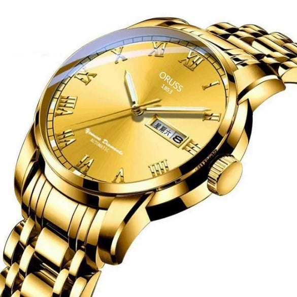 Men's Stainless Steel And Alloy Watch With Automatic Movement Waterproof Luminous Calendar Round Dial Spiral Crown Mineral Strengthened Glass Mirror