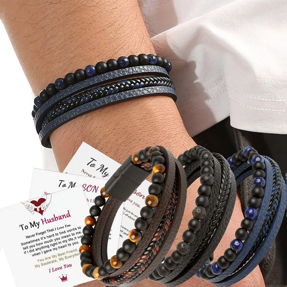 Men's Stainless Steel And Magnetic Material Handwoven Multilayer Leather Bracelet With Geometric Style
